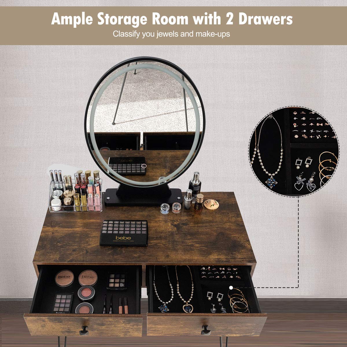 Dressing Table Set, Industrial Cosmetics Dresser with Detachable LED Mirror and Makeup Box (Rustic Brown)