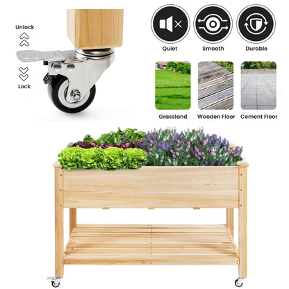 GiantexUK Raised Garden Bed, Elevated Wooden Planter Box with Storage Shelf, Wheels, Liner & Drainage Holes (with Wheels, 120x59x84cm)