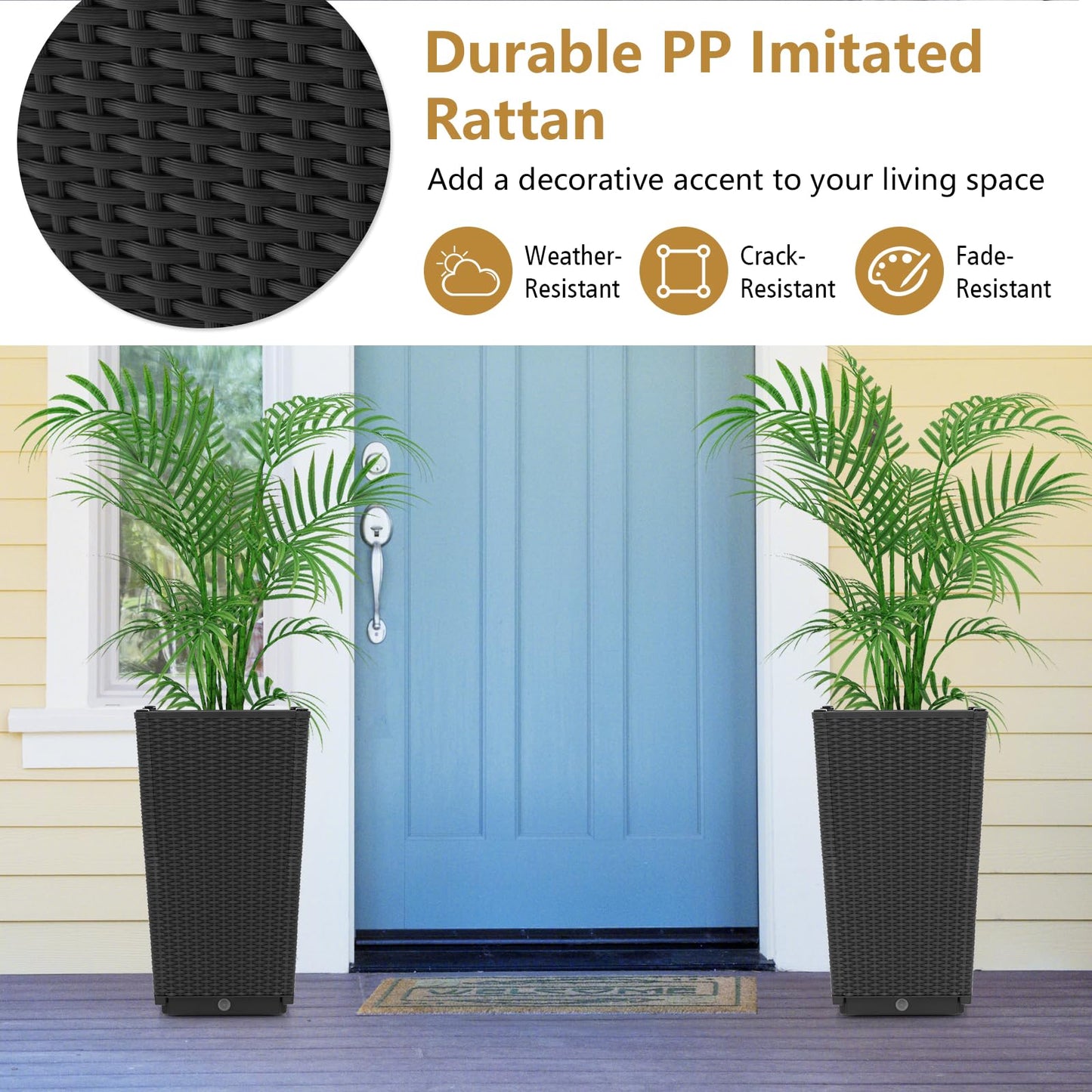 GiantexUK Rattan Planter Pots Set of 2, Square Tall Plastic Flowerpot with Self-Watering Tray & Drain Holes