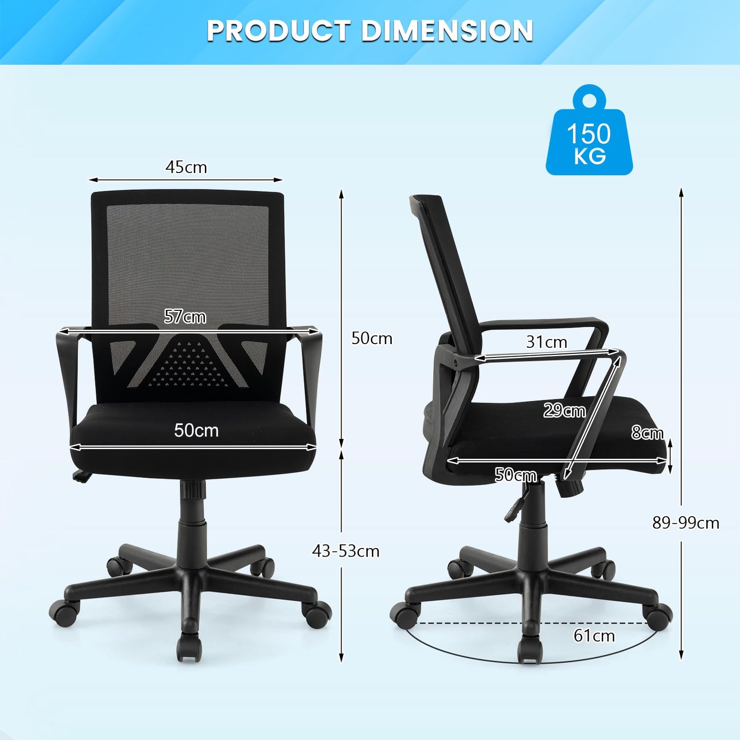 Ergonomic Office Chair, Height Adjustable Swivel Computer Desk Chair with Armrests