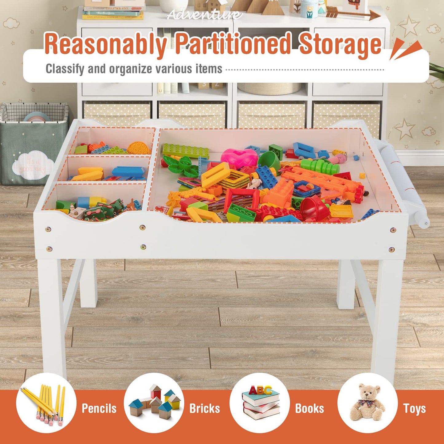 2-in-1 Kids Activity Table, Wooden Children Building Blocks Table with Reversible Tabletop