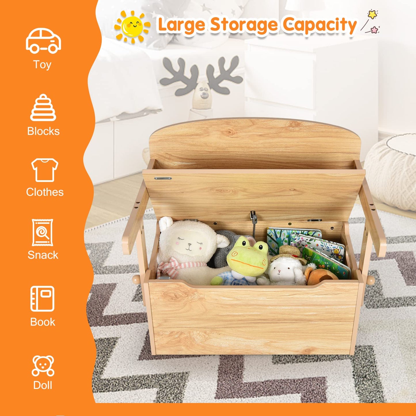 Wooden Toy Box, 3-in-1 Convertible Kids Bench/Desk Chair Set/Storage Chest with Lid