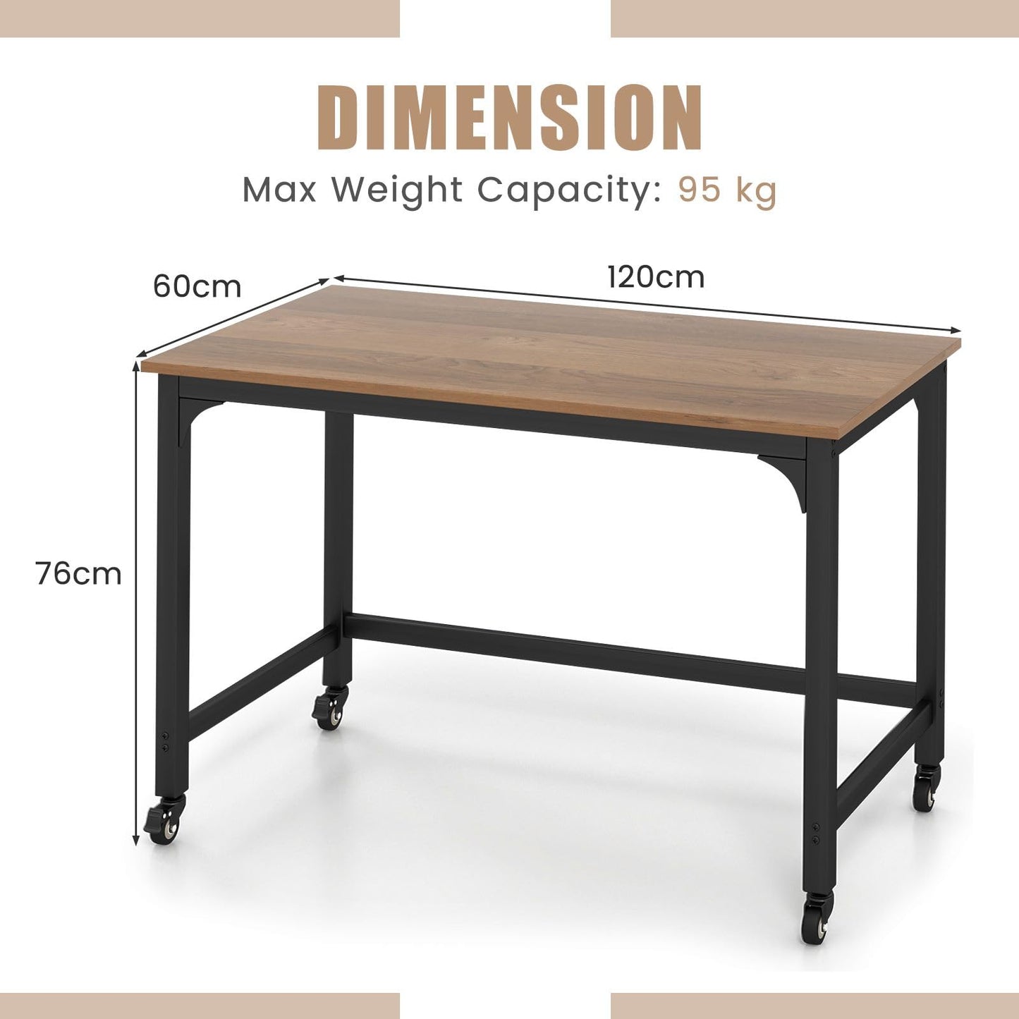 Rolling Computer Desk, 120cm Metal Frame Writing Desk with Wheels