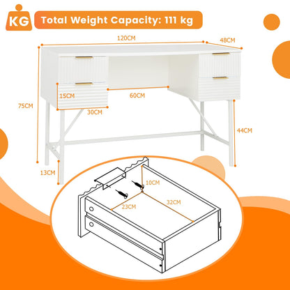 Computer Desk with 4 Drawers, 120cm Home Office Study Table Writing Workstation, Modern PC Laptop Table Working Desk, White