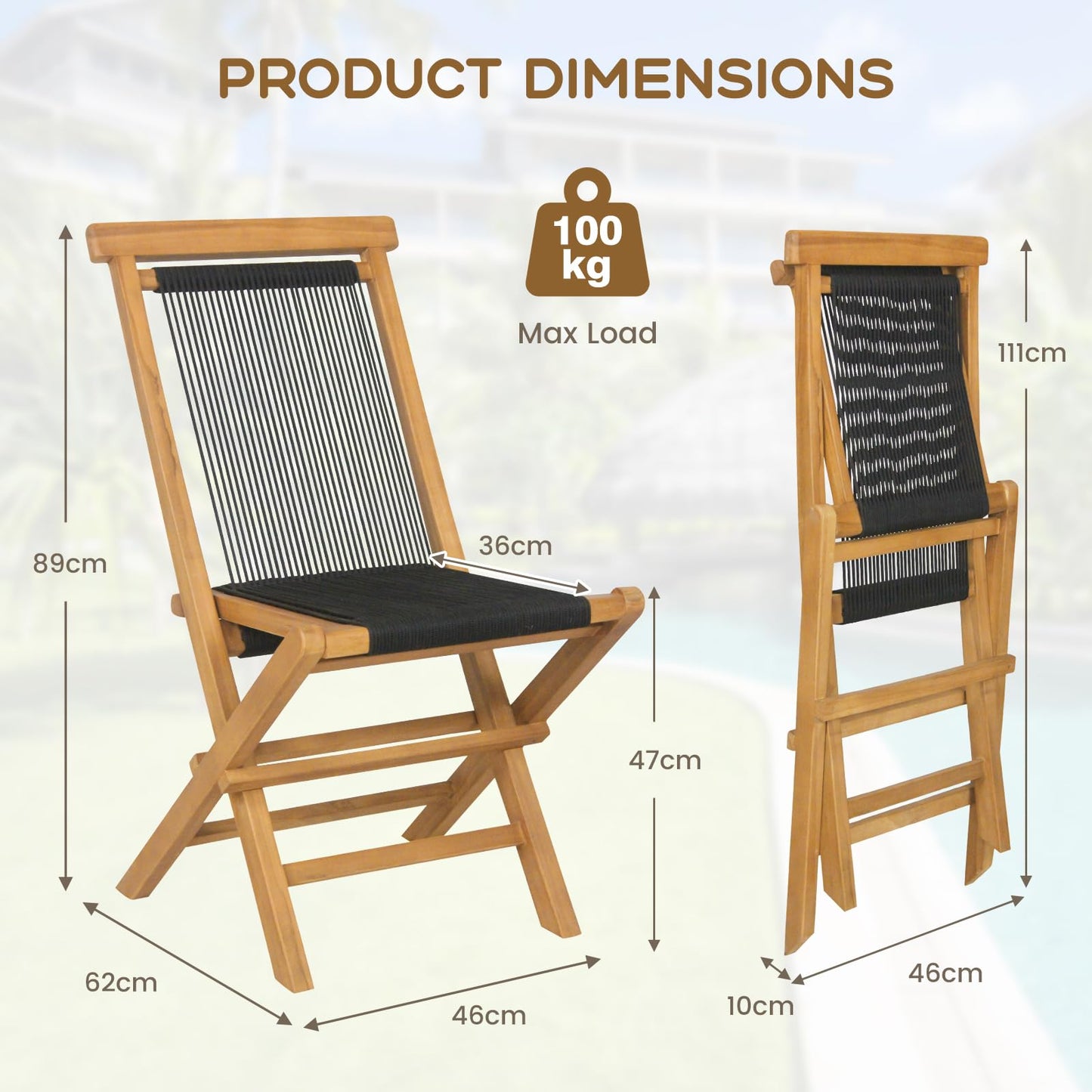 GiantexUK Patio Chairs Set of 2, Folding Teak Wood Garden Dining Chairs with Woven Rope Back & Sea(X-Shaped Structure, 46 x 62 x 89cm)