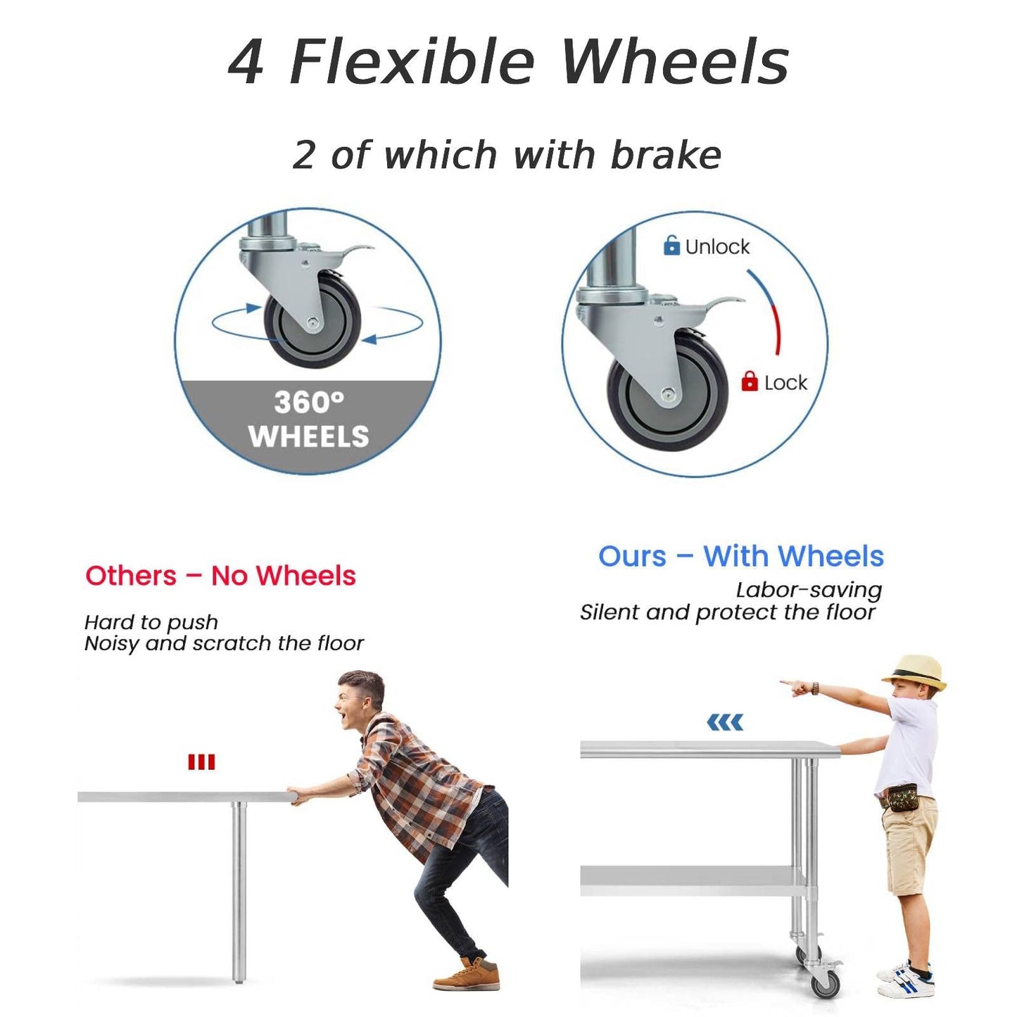 GiantexUK Stainless Steel Catering Table, 122 x 61 x 89 cm Rolling Commercial Work Table with 4 Wheels & Flexible Adjustment Shelf