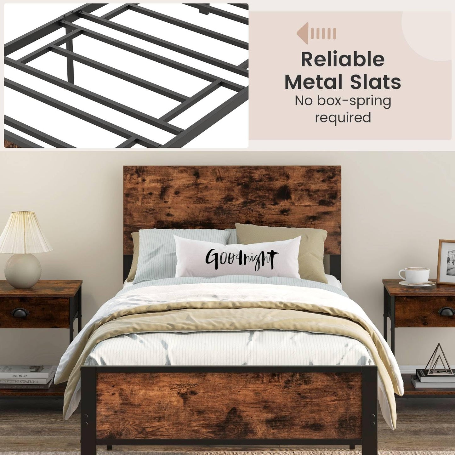 3FT Single Bed Frame, 35cm Metal Platform Bed with Rustic Headboard & Footboard