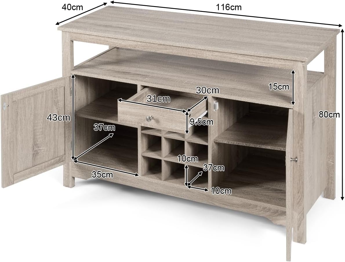 GiantexUK Wooden Buffet Sideboard, 2 Doors Kitchen Cupboard Cabinet with 9-Bottle Wine Rack