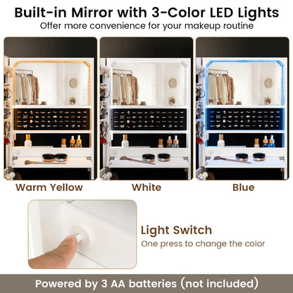 3-in-1 LED Jewellery Cabinet, Wall Mounted Lockable Jewelry Armoire with 3-Color LED Lights