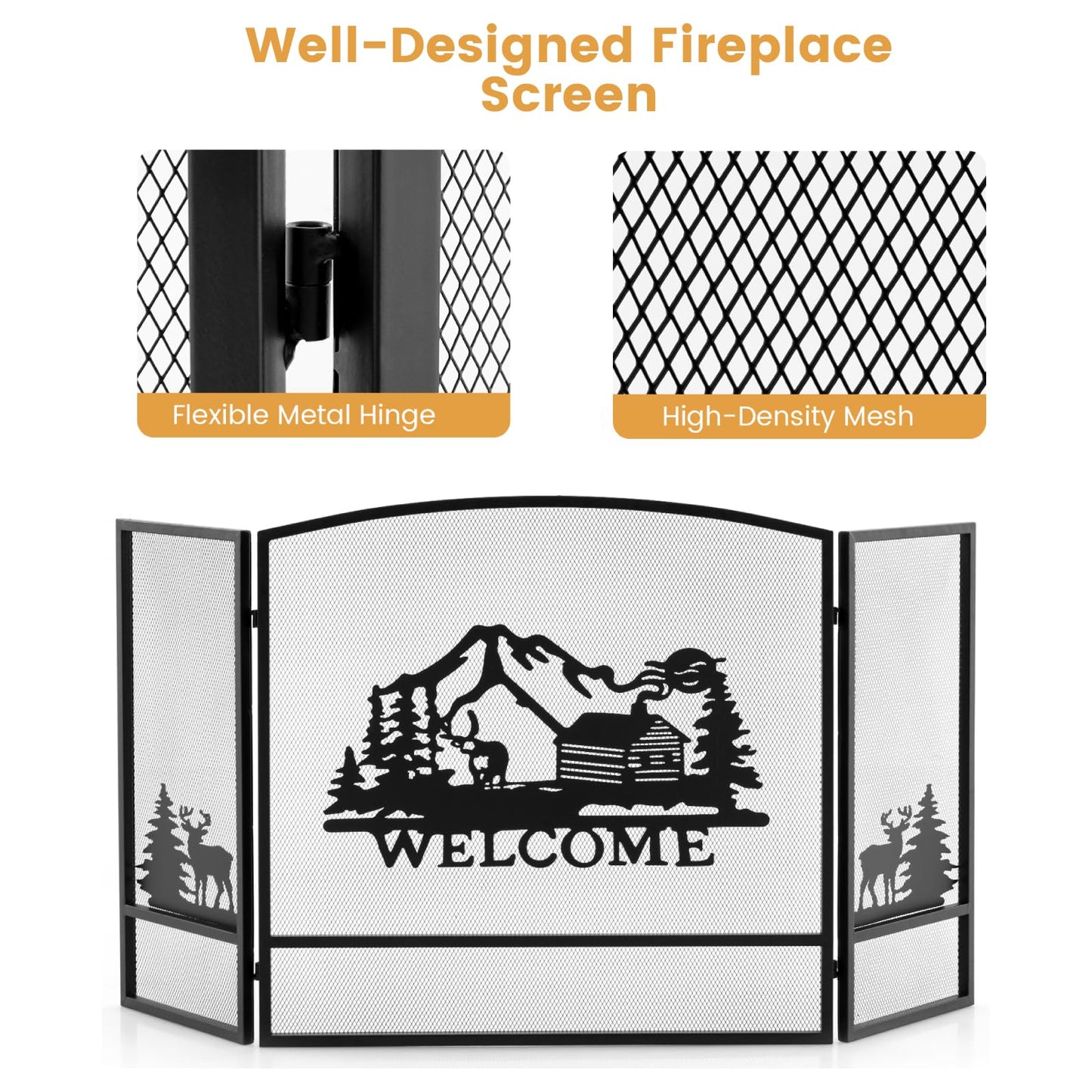 GiantexUK 3-Panel Folding Fire Guard, Heavy Duty Metal Mesh Fireplace Screen, Decorative Freestanding Spark Guard (Moose Pattern, 139x75cm)