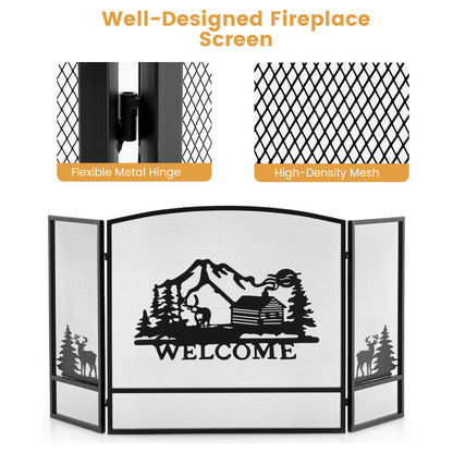 GiantexUK 3-Panel Folding Fire Guard, Heavy Duty Metal Mesh Fireplace Screen, Decorative Freestanding Spark Guard (Moose Pattern, 139x75cm)