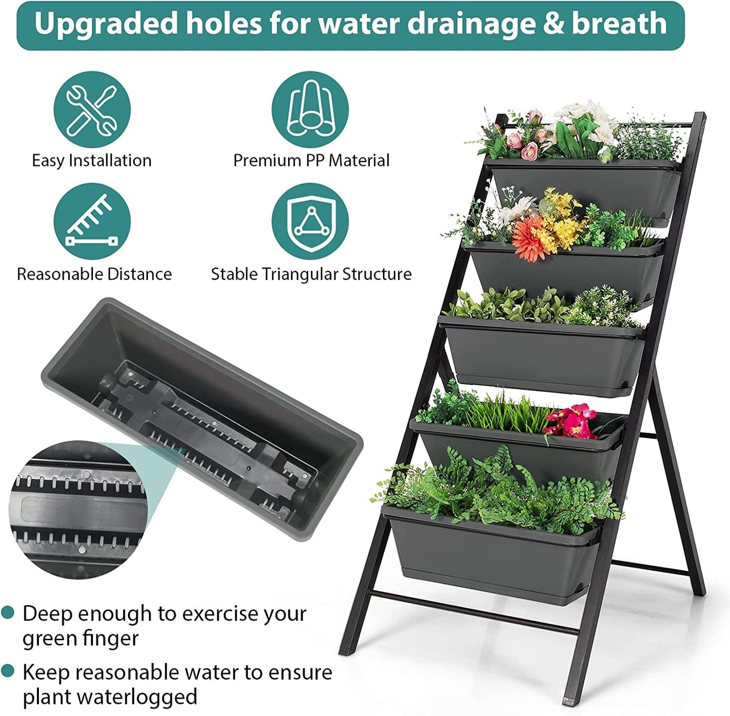 GiantexUK Raised Garden Bed, 5 Tier Vertical Ladder Planter with 5 Removable Trays & Drain Holes