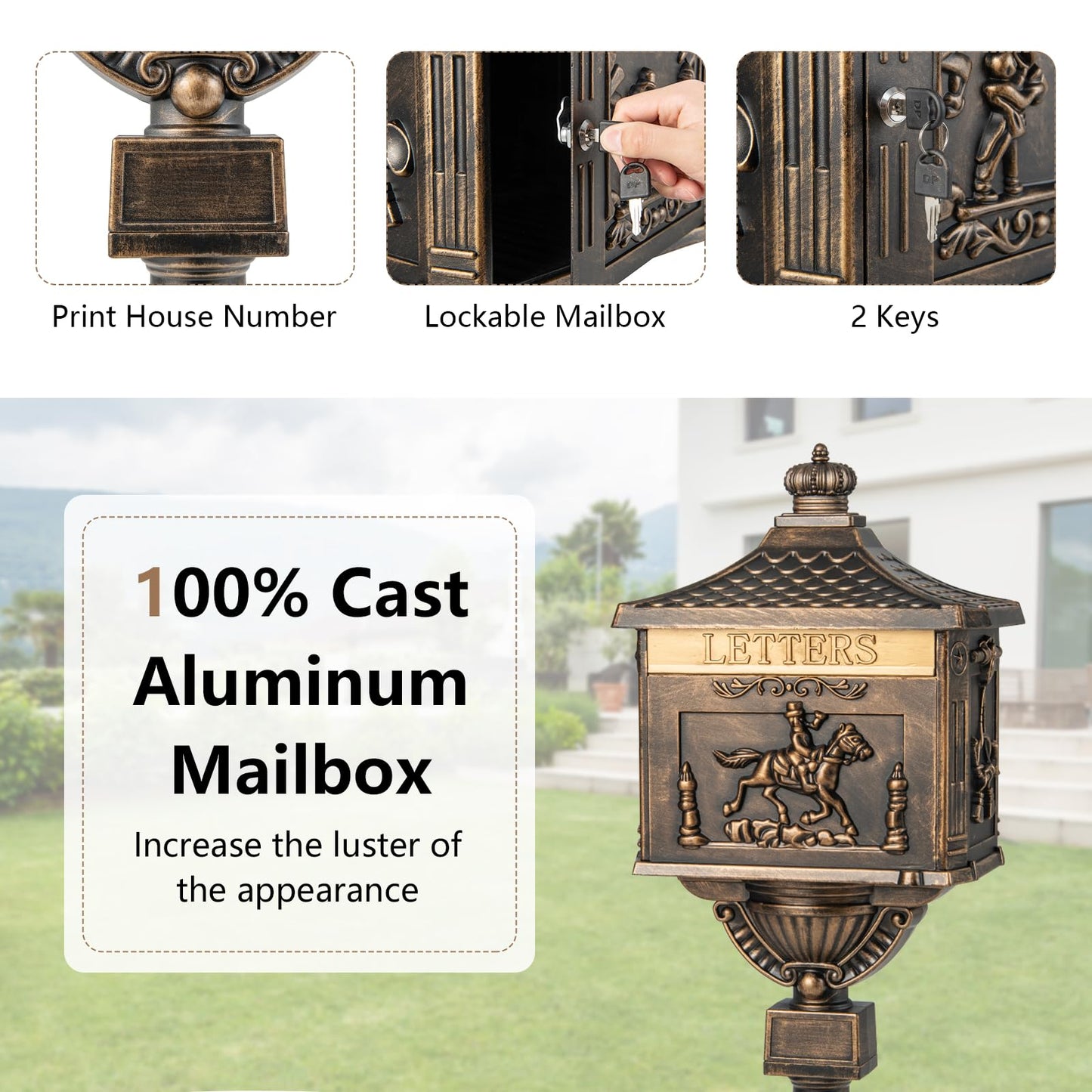 GiantexUK Cast Aluminium Letter Box, Heavy Duty Freestanding Lockable Mailboxes with Baffle Door, Keys & Expansion Bolts