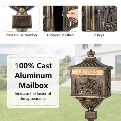 GiantexUK Cast Aluminium Letter Box, Heavy Duty Freestanding Lockable Mailboxes with Baffle Door, Keys & Expansion Bolts