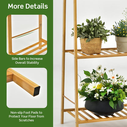 3 Tier Bamboo Plant Stand, Ladder Flower Pots Holder with Rear Bar, Freestanding Corner Plant Storage Display Shelf