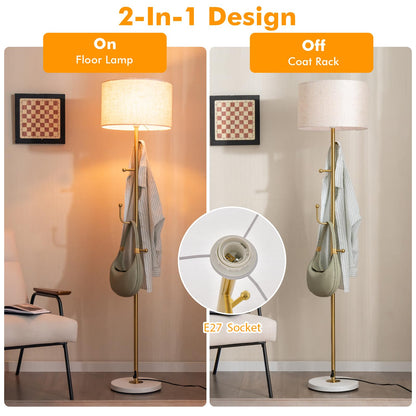 GiantexUK Floor Lamp with Coat Rack, Multi-Purpose Standing Lamp with Linen Fabric Lampshade, 5 Hooks, E27 Socket, Foot Switch & Large Base