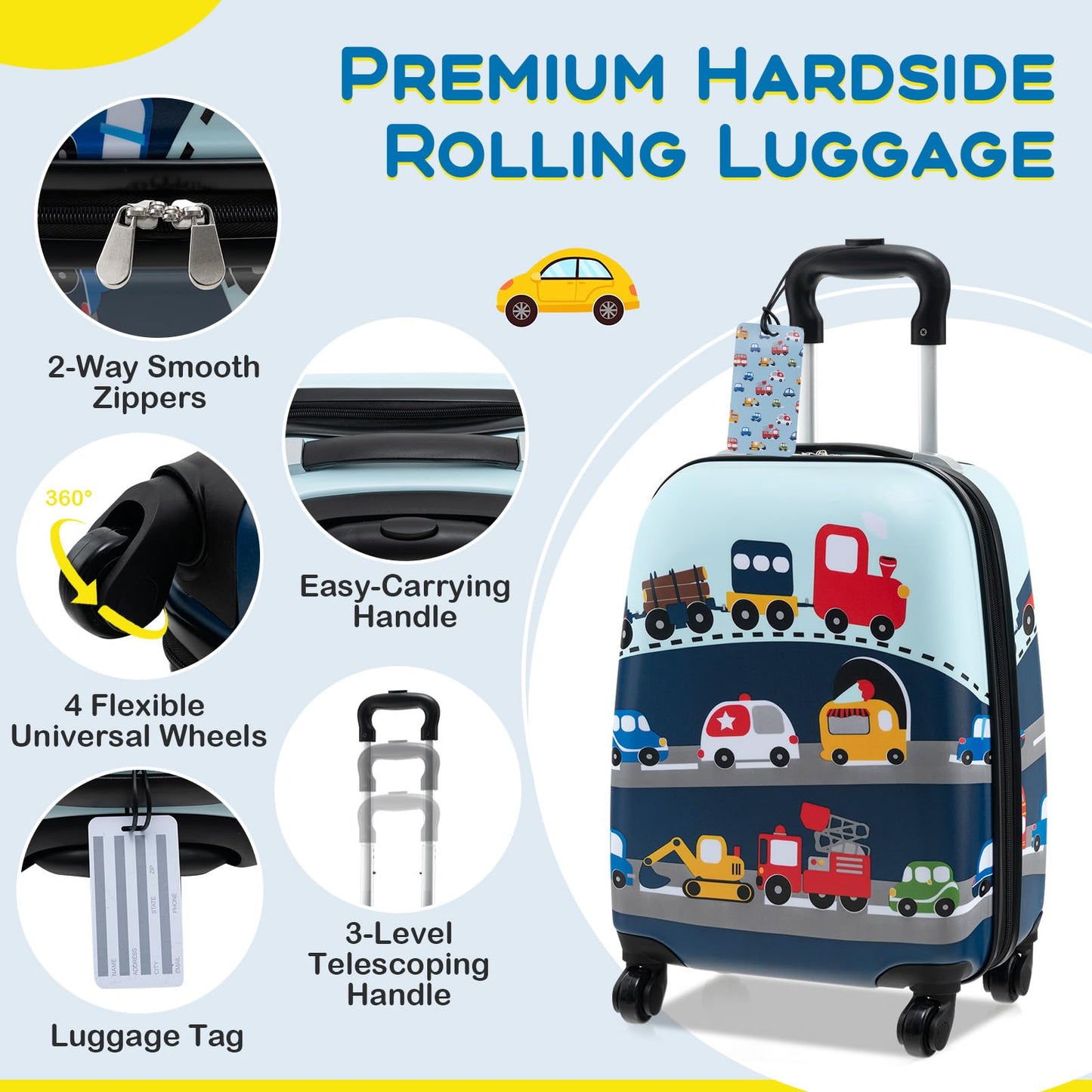 5Pcs Kids Luggage Set, 13" Backpack & 16" Children Hardshell Suitcase with Wheels, Neck Pillow