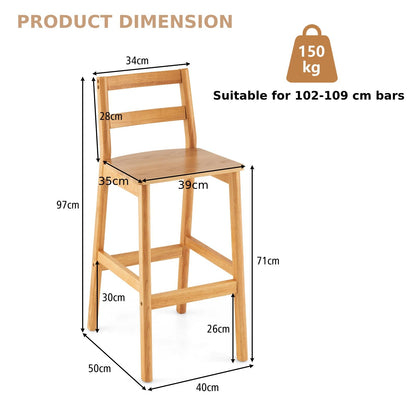 GiantexUK Bar Stool Set of 2, Rubber Wood Breakfast Chairs with Backrest & Footrest, 71CM Armless Counter Height Seat Set