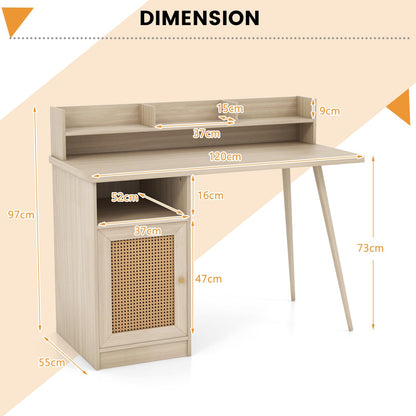 Computer Desk, 120cm Mid Century Writing Study Desk with Hutch, PE Rattan Cabinet and Shelves