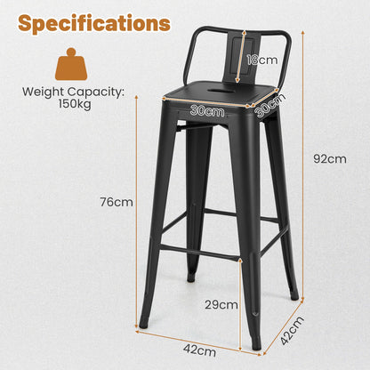 GiantexUK Metal Bar Stools Set of 4, Stackable Kitchen Chairs with Low Backrest,42 x 42 x 92cm