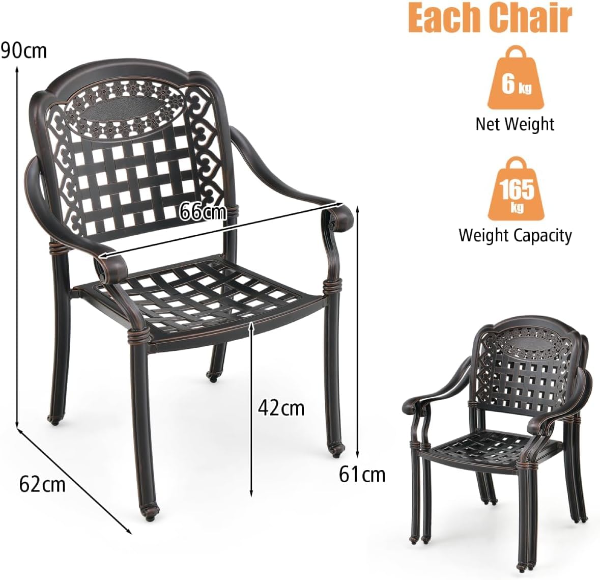 GiantexUK Set of 2 Dining Chairs, Stackable Cast Aluminum Chairs with Adjustable Foot Pads, Grid Pattern