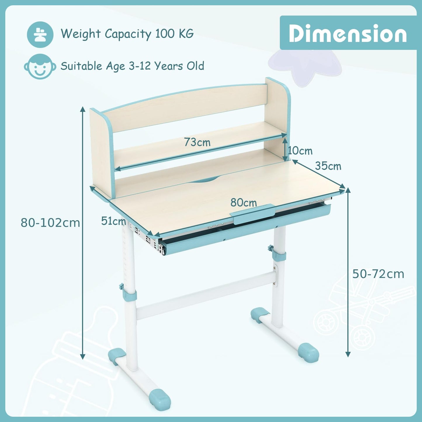 Kids Desk, Height Adjustable Children School Study Table with 7-Level Tiltable Desktop, Bookshelf & Pull-Out Drawer