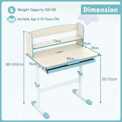 Kids Desk, Height Adjustable Children School Study Table with 7-Level Tiltable Desktop, Bookshelf & Pull-Out Drawer