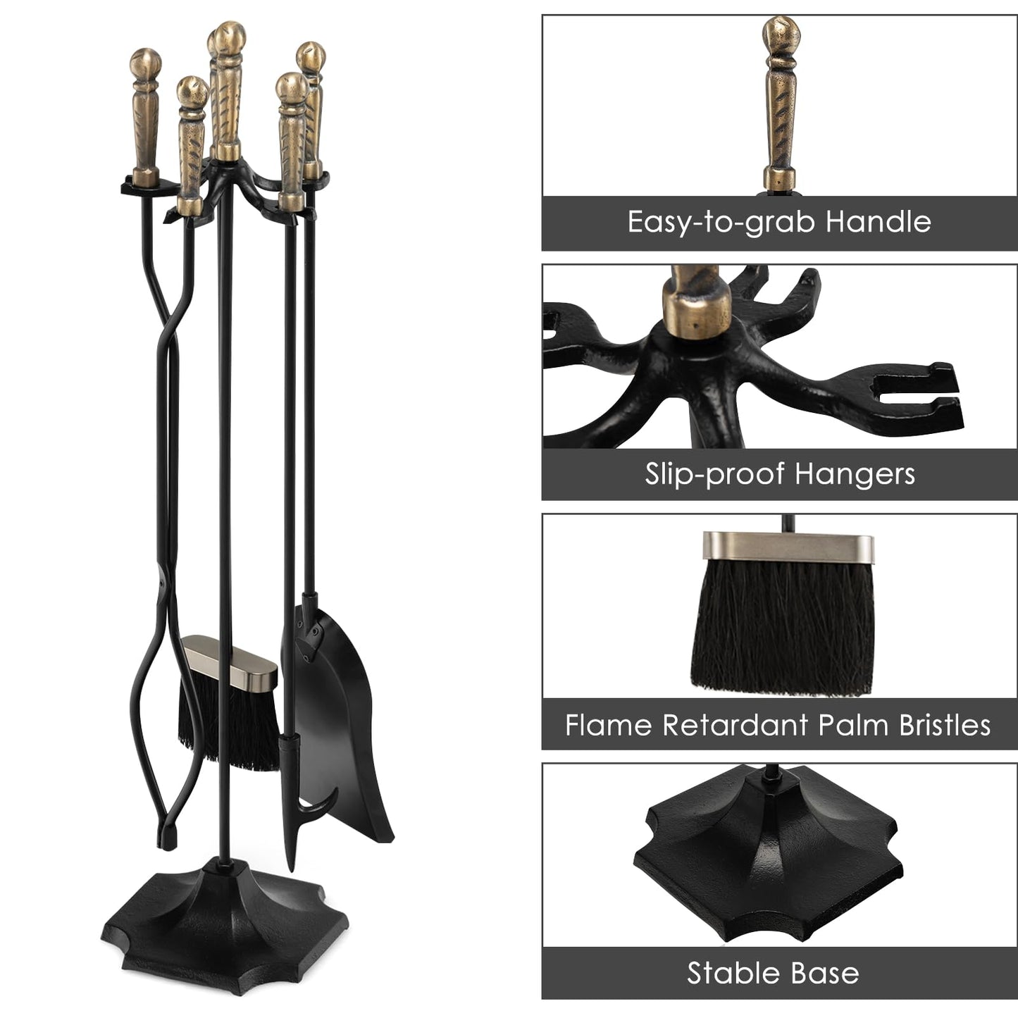 GiantexUK 5-Piece Fireplace Companion Set, Wrought Iron Fire Place Tools Set with Stand, Tong, Shovel, Brush & Poker, Fireside Wood Burner Stove Accessories