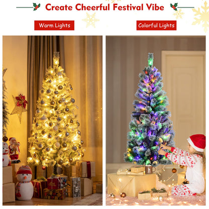 5ft/6ft Pre-lit Artificial Christmas Tree, Hinged Snow Flocked Xmas Tree with 140/200 LED Lights