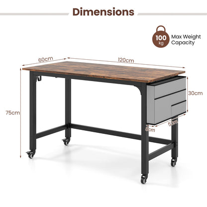 Rolling Computer Desk, 120cm Metal Frame Writing Desk with Wheels, Foldable Storage Bag & Earphone Hooks