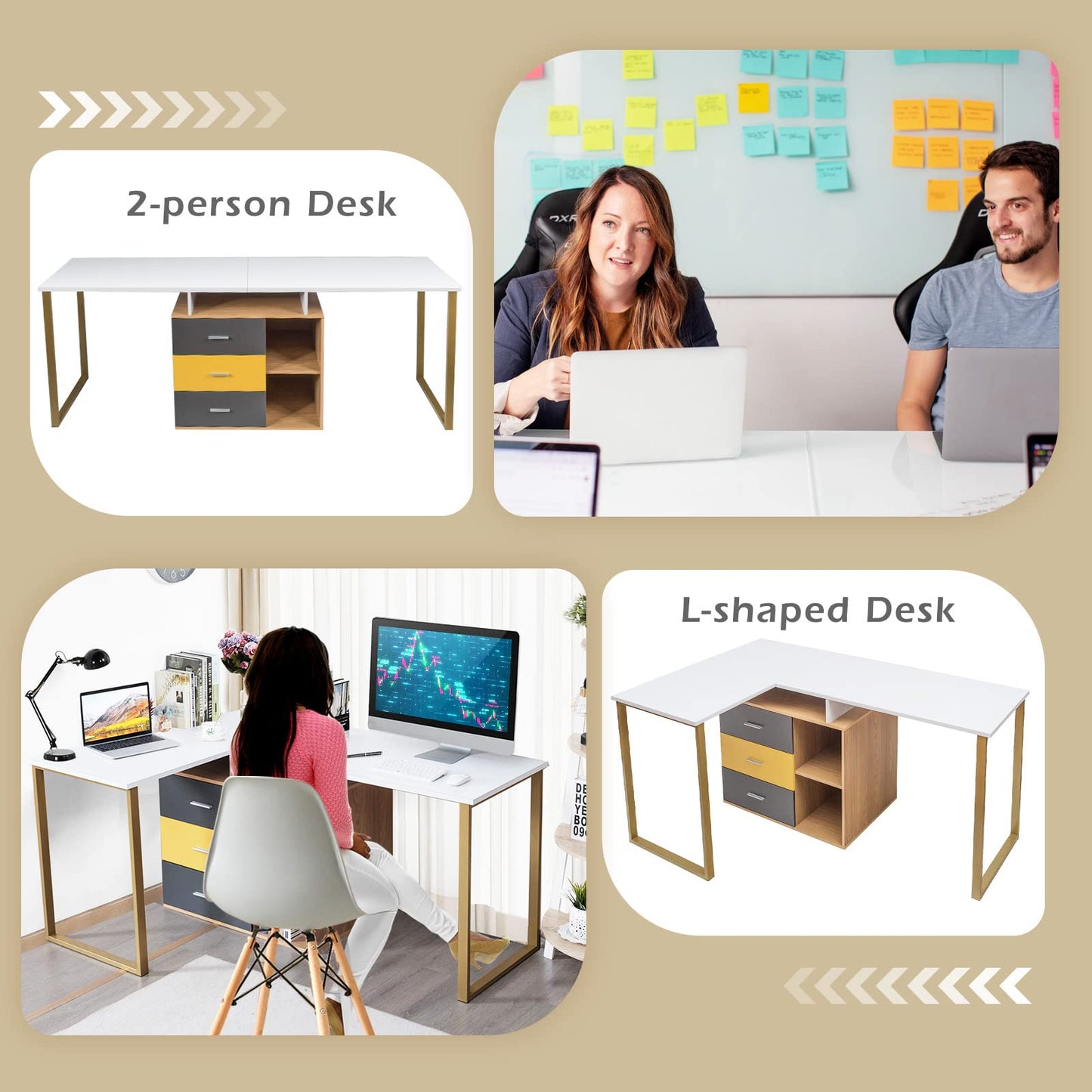 Computer Desk for Two Person, 2 in 1 Double Writing Study Workstation, 220x55x76cm