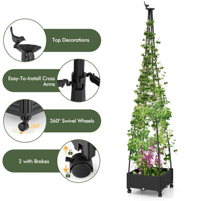 GiantexUK Raised Garden Bed with Obelisk Trellis, Rolling Garden Planter Pox with Wheels, Water Separation Net & Drainage Holes