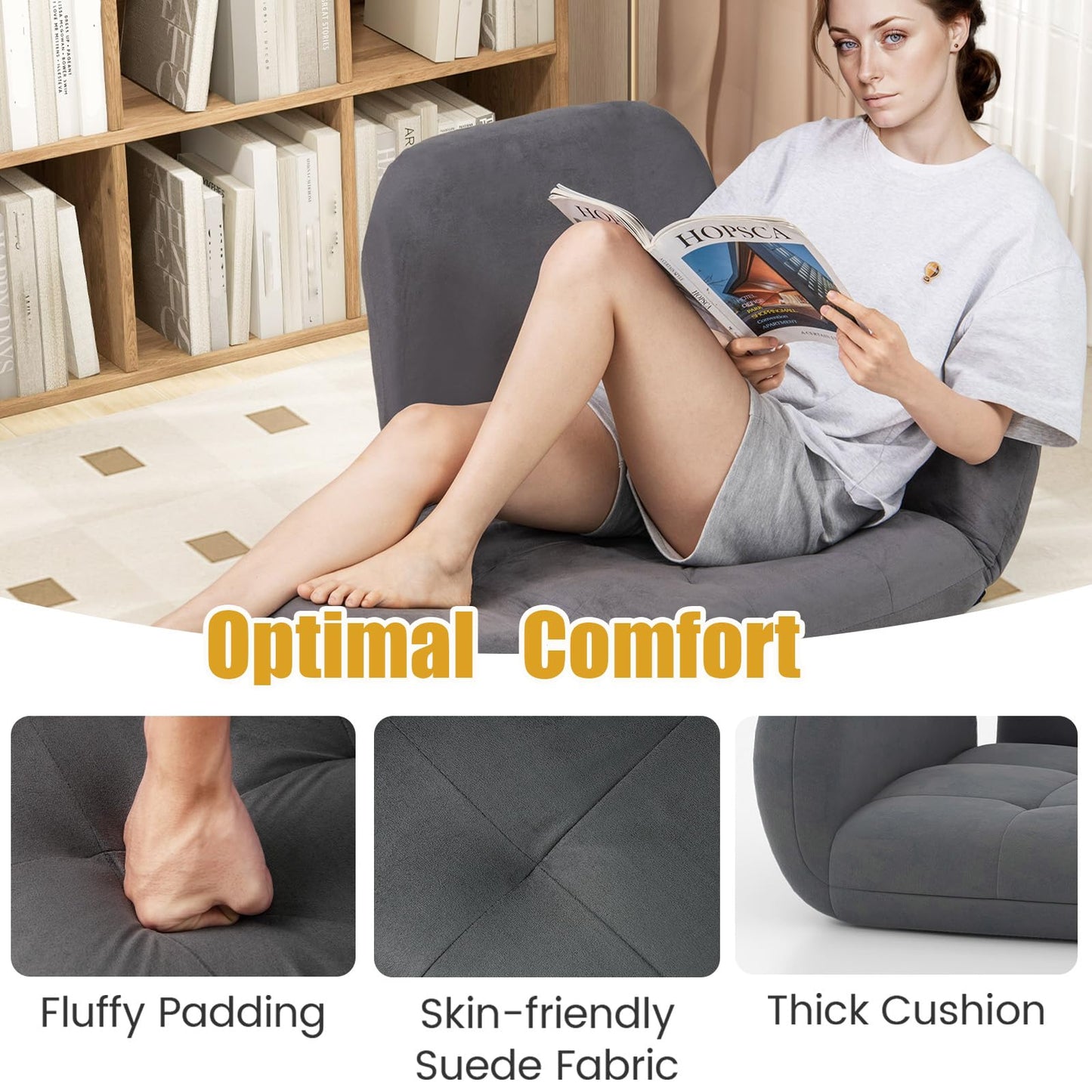 Folding Floor Chair, Lazy Sofa Bed Chair Seat with Adjustable Backrest & Armrests