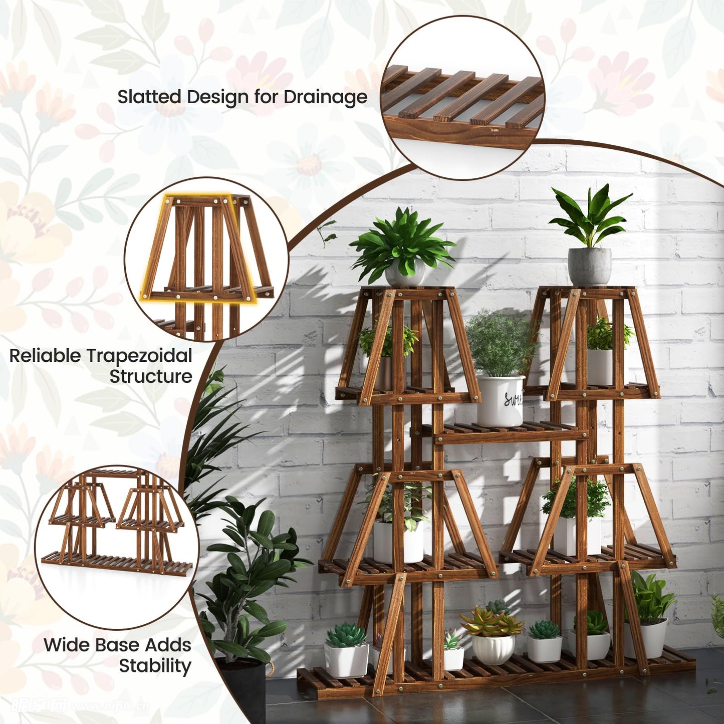 5-Tier Plant Stand, Wooden Flower Shelving Unit with Slatted Shelves