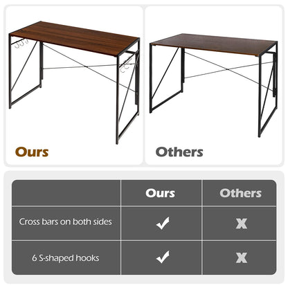 Folding Computer Desk, Modern Simple Study Desk Writing Workstation with 6 Hooks and Crossbars