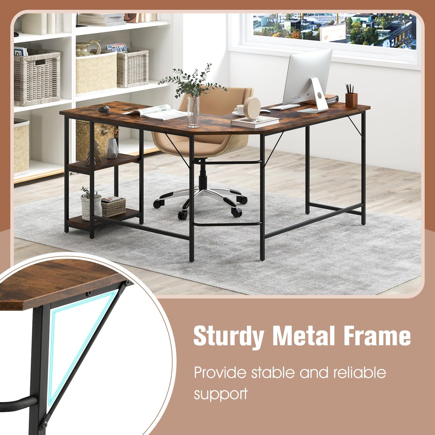 L-shaped Computer Desk, Steel Frame Office Desk Corner Writing Desk with Storage Shelves