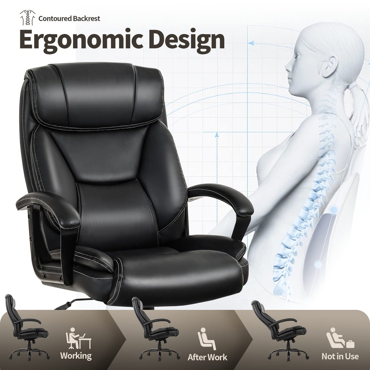 500LBS Big & Tall Executive Office Chair, Height Adjustable Leather Computer Desk Chair with Rocking Backrest & Arms, Home Office Ergonomic Swivel Task Chair