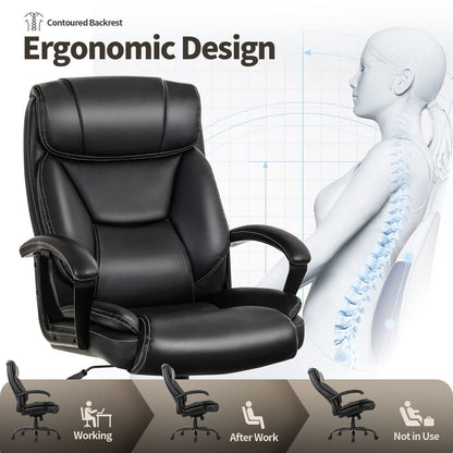 500LBS Big & Tall Executive Office Chair, Height Adjustable Leather Computer Desk Chair with Rocking Backrest & Arms, Home Office Ergonomic Swivel Task Chair