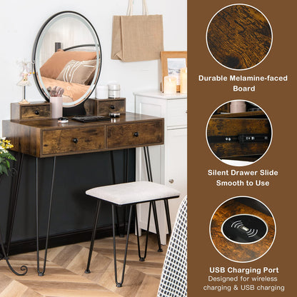 Dressing Table and Stool Set with 3-Color LED Lights Mirror, Wireless/USB Charging Port & 4 Drawer(Rustic Brown)