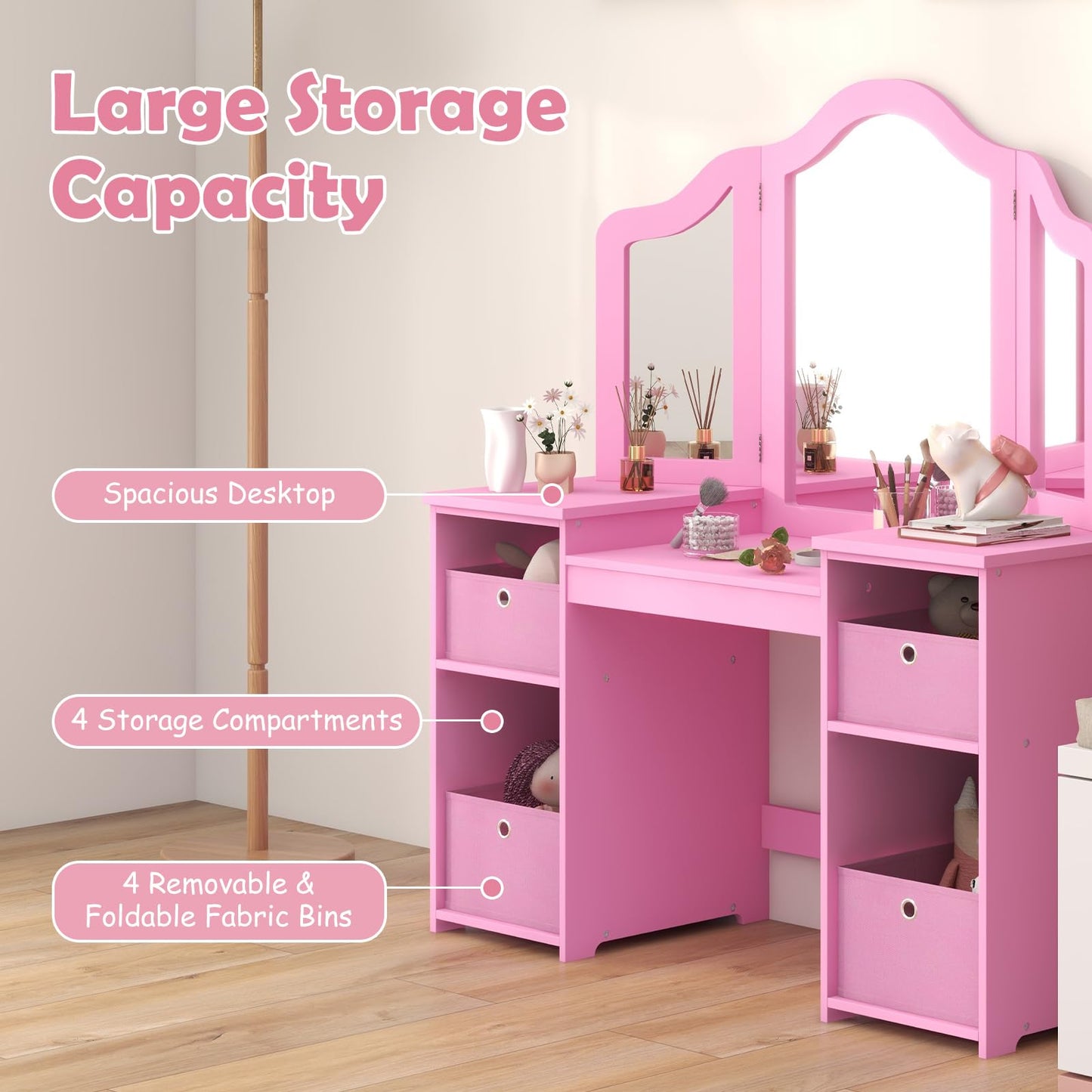 Kids Dressing Table with Tri-Folding Detachable Mirror, 4 Storage Bins, Girls Makeup Vanity Tables for Playroom Bedroom