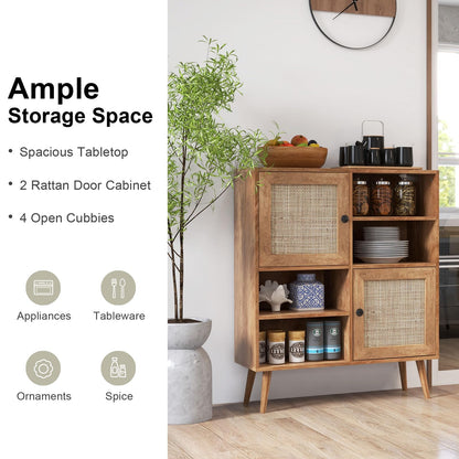 GiantexUK Rattan Storage Sideboard, Wooden Buffet Storage Cabinet with 2 Doors, 4 Open Cubbies & Anti-toppling Device