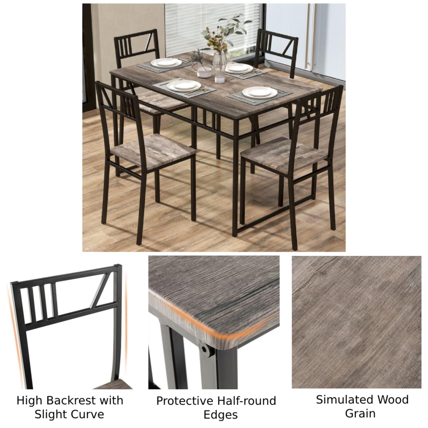 GiantexUK 5 Pieces Dining Table and Chairs Set, Metal Frame Kitchen Table Set with High Backrest