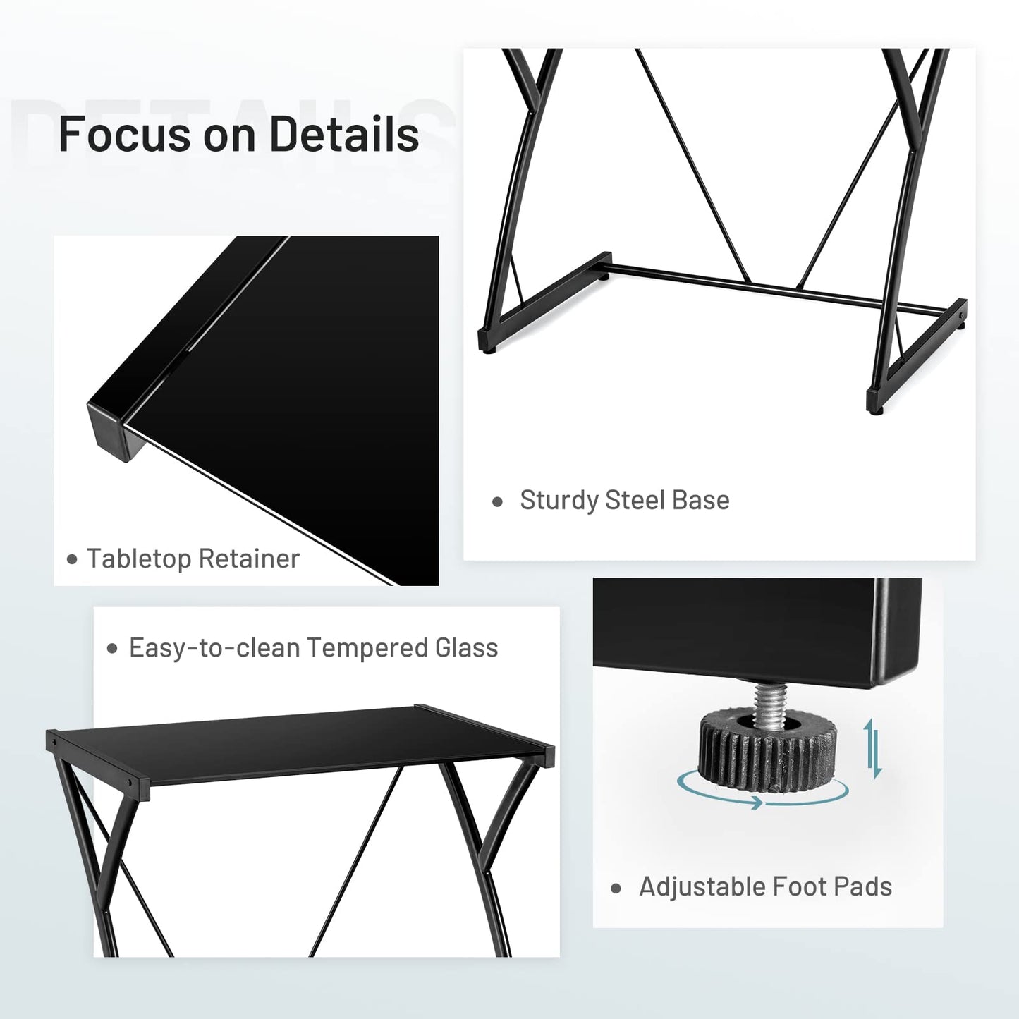 Computer Desk, Modern PC Laptop Table Writing Workstation with Tempered Glass Top, Z-Shaped