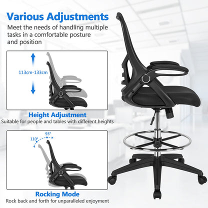 Mesh Drafting Chair, Ergonomic Swivel Office Chair with Adjustable Footrest (with Flip-up Armrests, Black)