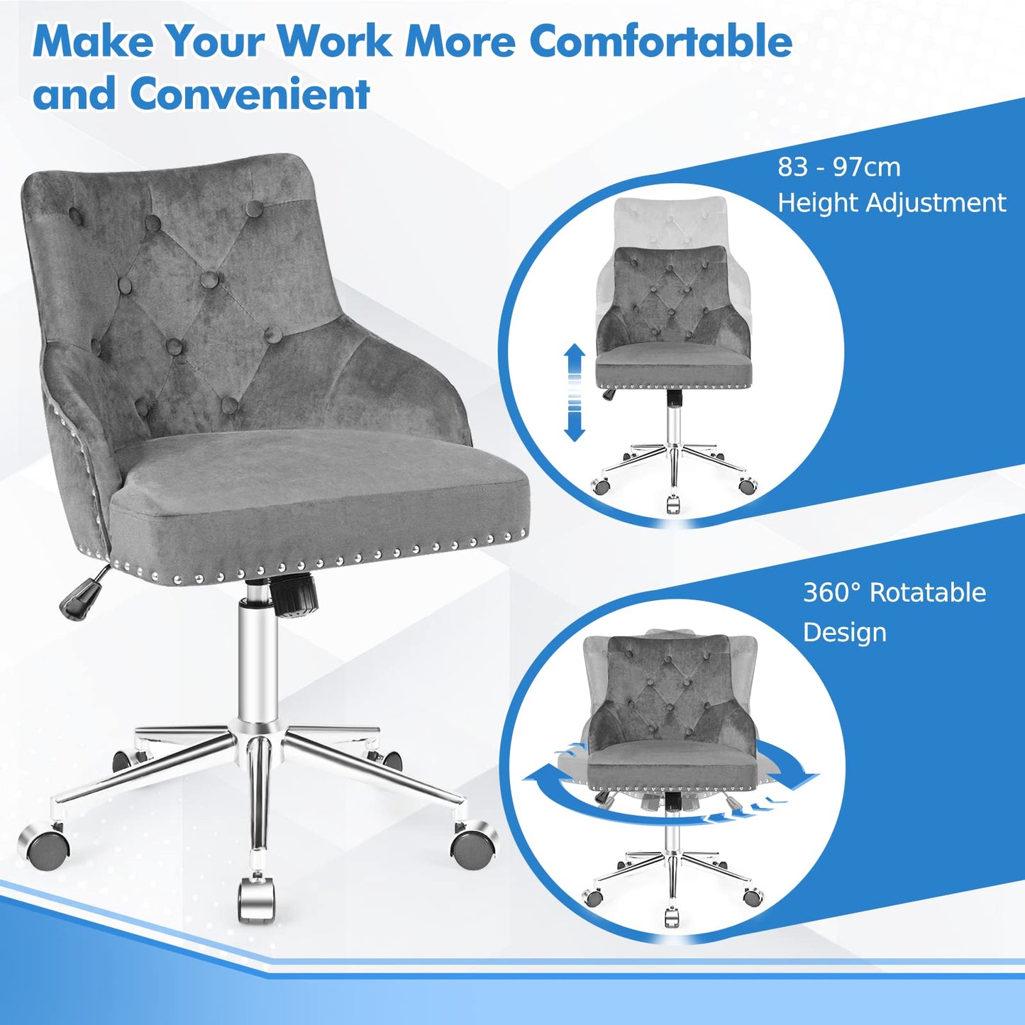 Velvet Office Chair, Height Adjustable Swivel Computer Desk Chair with Nailhead Trim