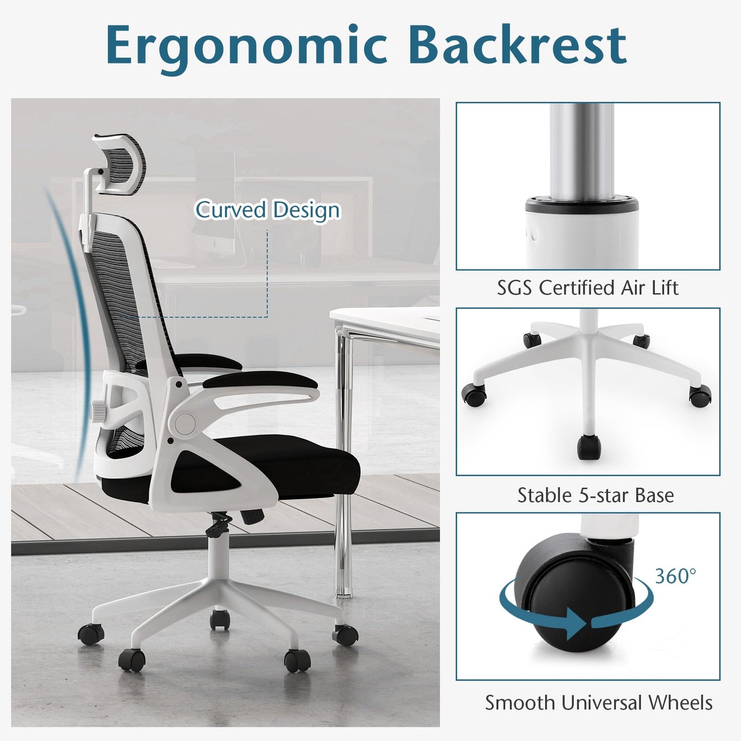 Mesh Office Chair, Rocking Swivel Computer Desk Chair with Adjustable Headrest for Home Office