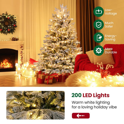 4.5FT/6FT Pre-lit Artificial Christmas Tree, Snow-flocked Hinged Xmas Tree with 200/350 Warm White LED Lights and 688/1022 Branch Tips