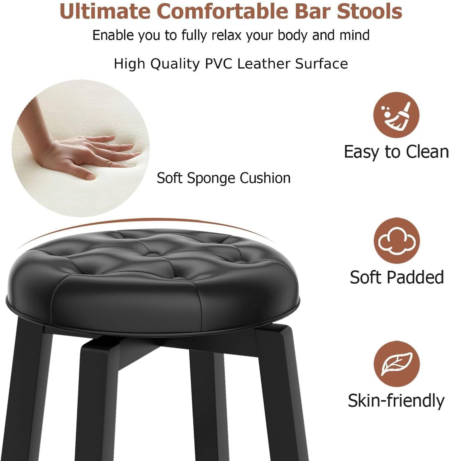 GiantexUK Swivel Bar Stools Set of 2, Upholstered Kitchen Barstools with Footrest, PVC Exterior 76cmH