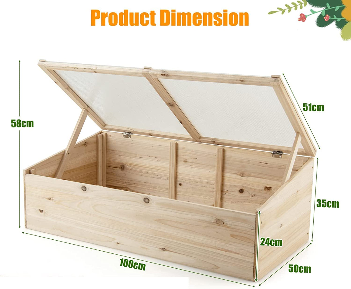 GiantexUK Wooden Cold Frame Greenhouse, Polycarbonate Plant Growhouse with Openable Top