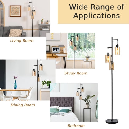 GiantexUK Industrial Floor Lamp, 3-Lights Standing Lamp with Amber Glass Lampshades